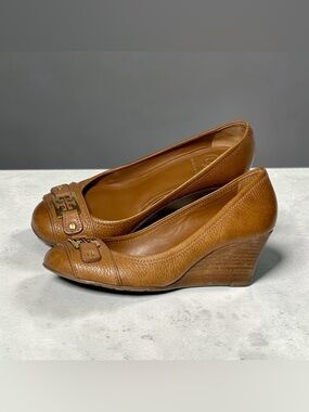 Tory Burch Leather Ambrose Slip On Wedge Heel Pumps Brown Women's Size 7M